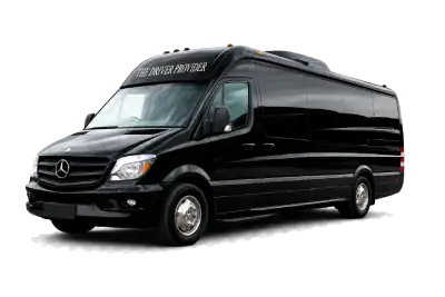 A black Mercedes-Benz van with tinted windows parked on a white background.