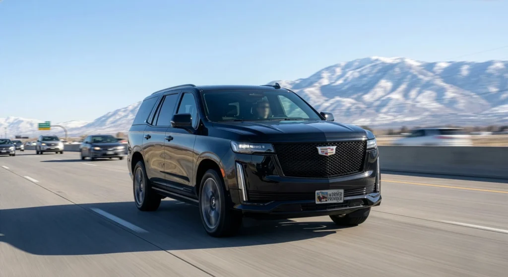 A large black SUV drives on a highway with mountains in the background and other cars nearby.