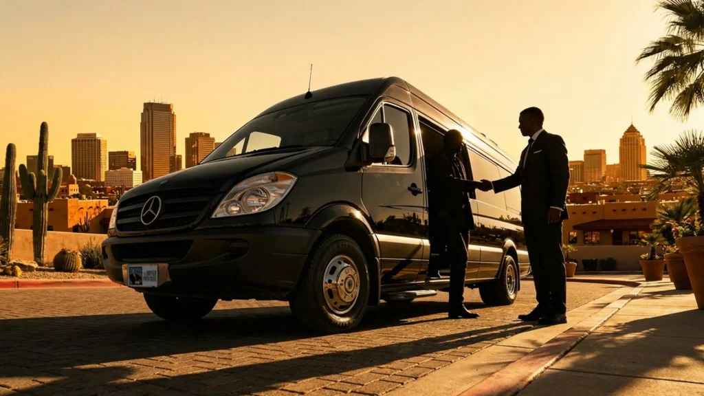 Two people in suits shake hands beside a black van at sunset, with a city skyline behind them.